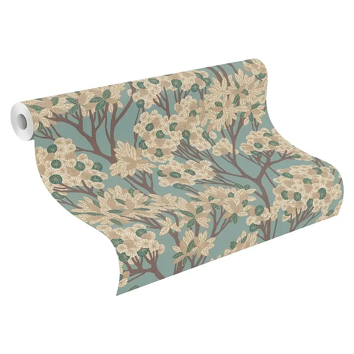 Rasch Selection Vliestapete Vinyl Modern Art I - Türkis, Floral, 10,05 x 0,53 m - Tapetenrolle mit Blumenmuster: beigefarbene Blüten und Blätter, braune Äste auf blaugrünem Hintergrund.