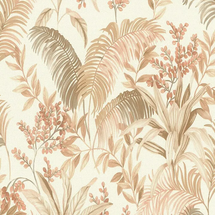 Rasch Florentine IV Vliestapete Pflanzen-Allover - Beige, Floral, 10,05 x 0,53 m - Tropisches Blätter- und Beerenmuster in Beige, Braun und Rosa.