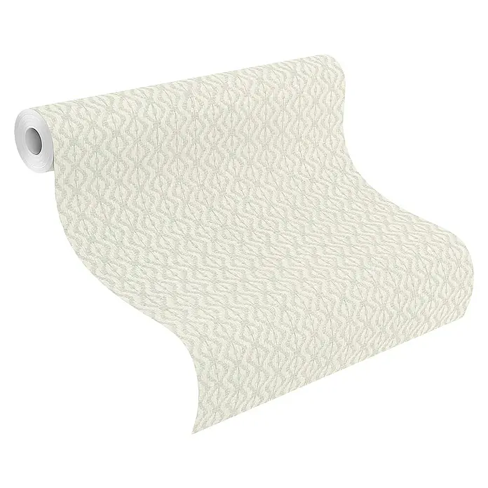 Rasch Beachhouse Vliestapete Allover-Design - Hellgrün/Beige, Grafisch, 10,05 x 0,53 m - Rolle cremefarbener Tapete mit subtilem, texturiertem geometrischem Muster, entrollt zur Ansicht des Designs.