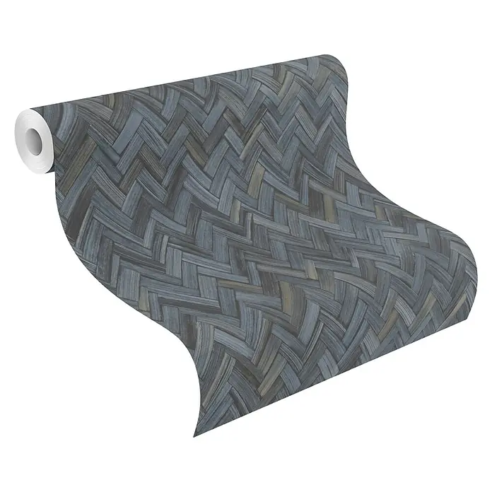 Rasch Beachhouse Vliestapete Vintage Fischgrätmuster - Dunkelblau, Holzoptik, 10,05 x 0,53 m - Tapetenrolle mit blau-grauem Geflechtmuster, teilweise abgerollt.