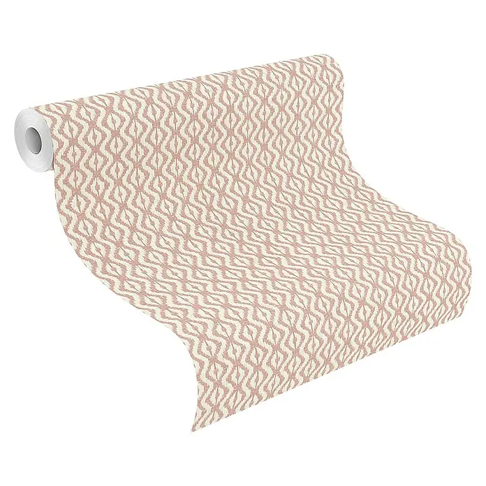Rasch Beachhouse Vliestapete Allover-Design - Rosa, Grafisch, 10,05 x 0,53 m - Rolle beigefarbener Tapete mit rosa abstraktem geometrischem Muster, teilweise abgerollt.