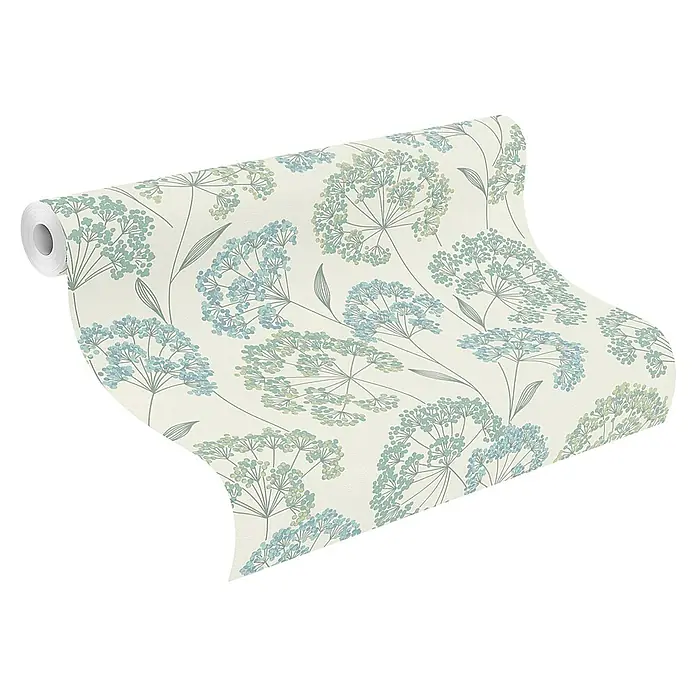 Rasch Selection Vliestapete Vinyl Blümchen - Pastelltürkis, Floral, 10,05 x 0,53 m - Tapetenrolle in Cremefarbe mit hellblauen und grünen floralen Schirmmuster.