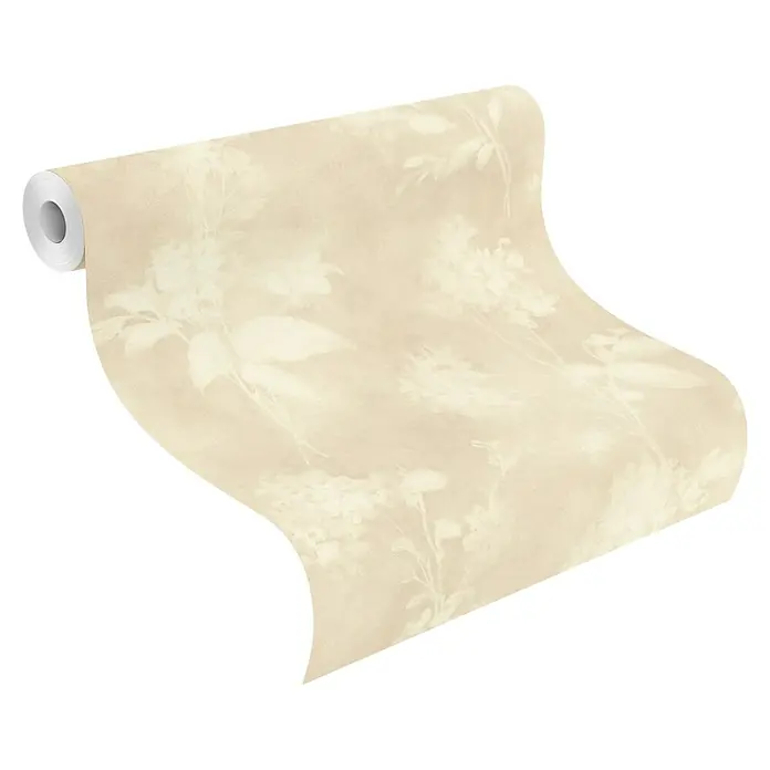 Rasch Florentine IV Vliestapete Dezente Blümchen - Beige, Floral, 10,05 x 0,53 m - Rolle hellbeiger Tapete mit dezentem Blumenmuster, teilweise abgerollt.