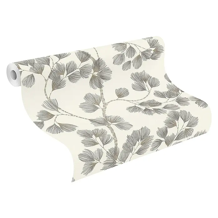 Rasch Selection Vliestapete Vinyl Botanical - Schwarzbraun, Floral, 10,05 x 0,53 m - Tapetenrolle mit hellbeigem Hintergrund und stilisiertem Muster aus grauen und goldenen Ästen und Blättern.