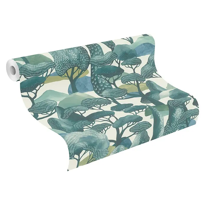 Rasch Selection Vliestapete Vinyl Modern Art III - Türkisgrün, Floral, 10,05 x 0,53 m - Tapetenrolle mit gemustertem Design, das stilisierte blaue und grüne Bäume sowie Landschaftselemente zeigt.