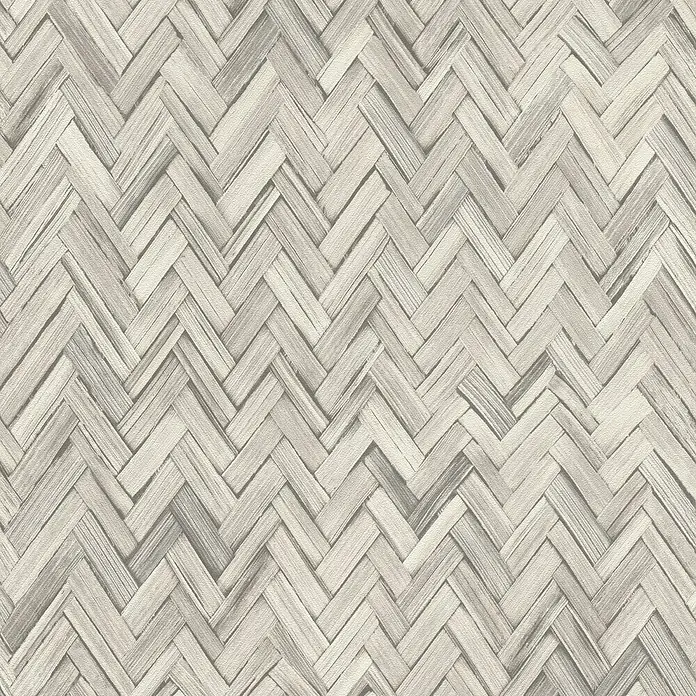 Rasch Beachhouse Vliestapete Vintage Fischgrätmuster - Hellgrau, Holzoptik, 10,05 x 0,53 m - Helle beige-graue Webstruktur mit Fischgrätmuster, die Naturfasern ähnelt.