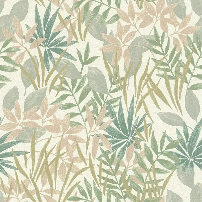 Rasch Selection Vliestapete Vinyl - Pastell-Moosgrün, Floral, 10,05 x 0,53 m - Weiches botanisches Muster mit Blättern in verschiedenen Grün-, Türkis- und Rosétönen.