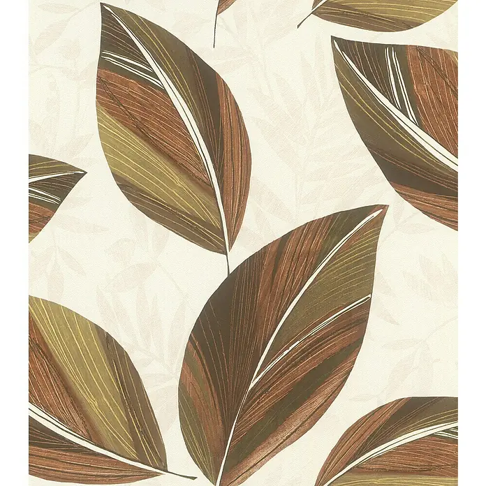 Rasch Selection Vliestapete Vinyl Botanical - Rotbraun/Beige, Floral, 10,05 x 0,53 m - Nahaufnahme von großen Blättern in Braun- und Grüntönen auf einem cremefarbenen Hintergrund mit subtilen Blattmotiven. Elegantes Blättermuster.