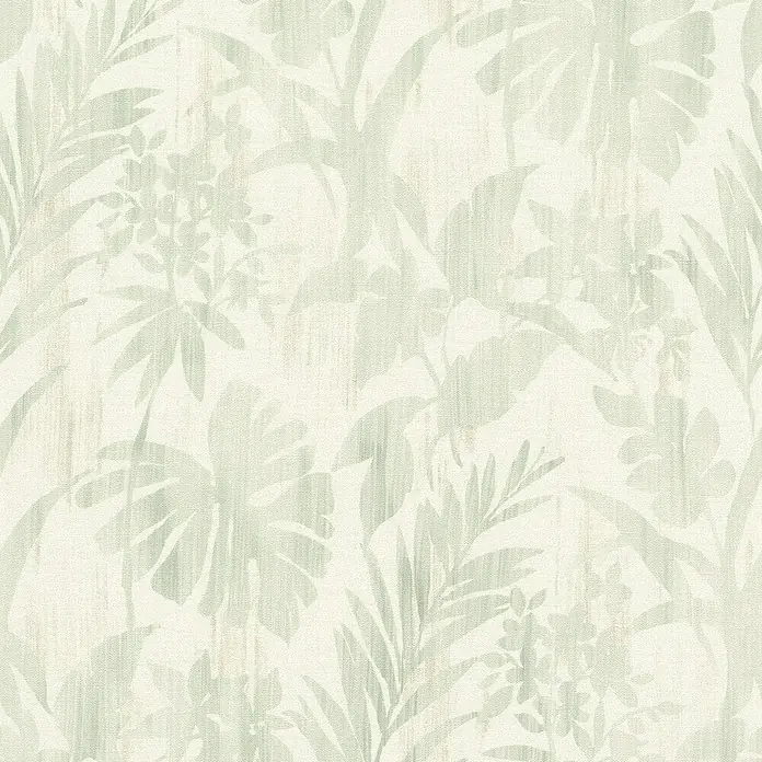 Rasch Beachhouse Vliestapete Pastelles Pflanzenmotiv - Hellgrün, Floral, 10,05 x 0,53 m - Hellgrünes tropisches Blattmuster auf texturierter cremefarbener Tapete.