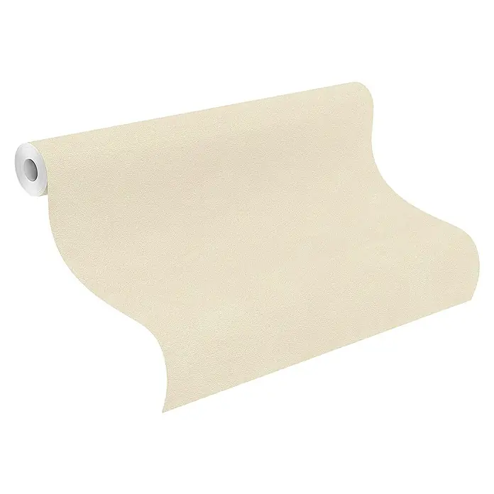 Rasch Beachhouse Vliestapete Modern - Beige, Uni, 10,05 x 0,53 m - Texturierte, hellbeige Tapetenrolle, teilweise abgerollt.