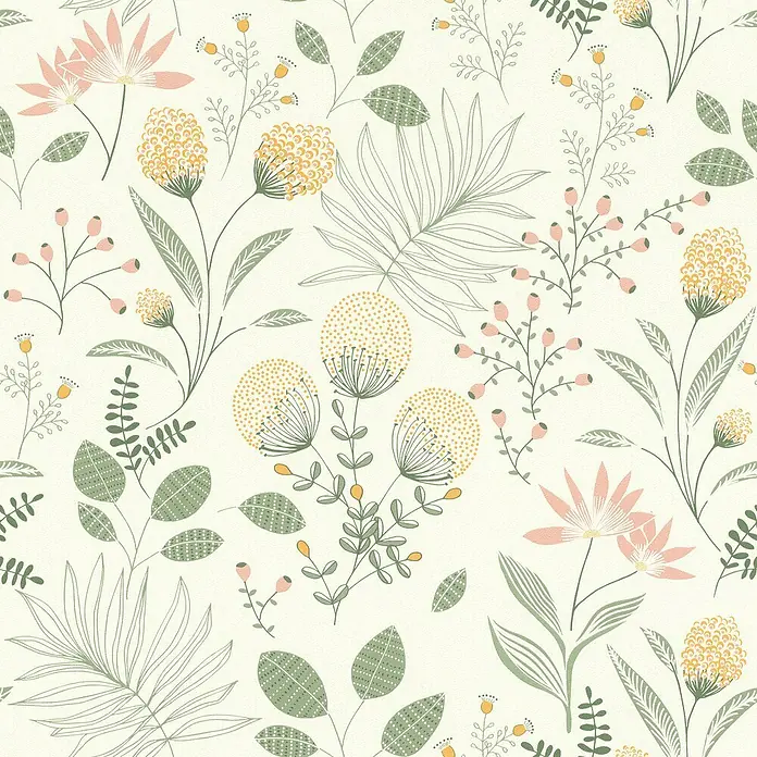 Rasch Selection Vliestapete Vinyl - Pastell/Moosgrün, Floral, 10,05 x 0,53 m - Handgezeichnetes Blumenmuster mit blassrosa und gelben Blüten sowie grünen Blättern.