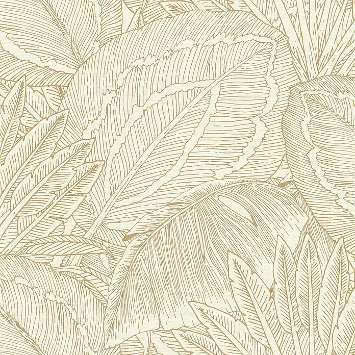 Rasch Selection Vliestapete Vinyl Modern Art II - Hellgold, Floral, 10,05 x 0,53 m - Nahtloses Muster aus beigen tropischen Blättern.