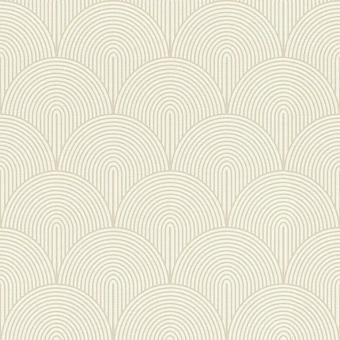 Rasch Selection Vliestapete Vinyl - Beige/Weiß, Grafisch, 10,05 x 0,53 m - Beigefarbene geometrische Mustertapete mit sich wiederholenden Bogen- oder Muschelmotiven auf strukturiertem Hintergrund.