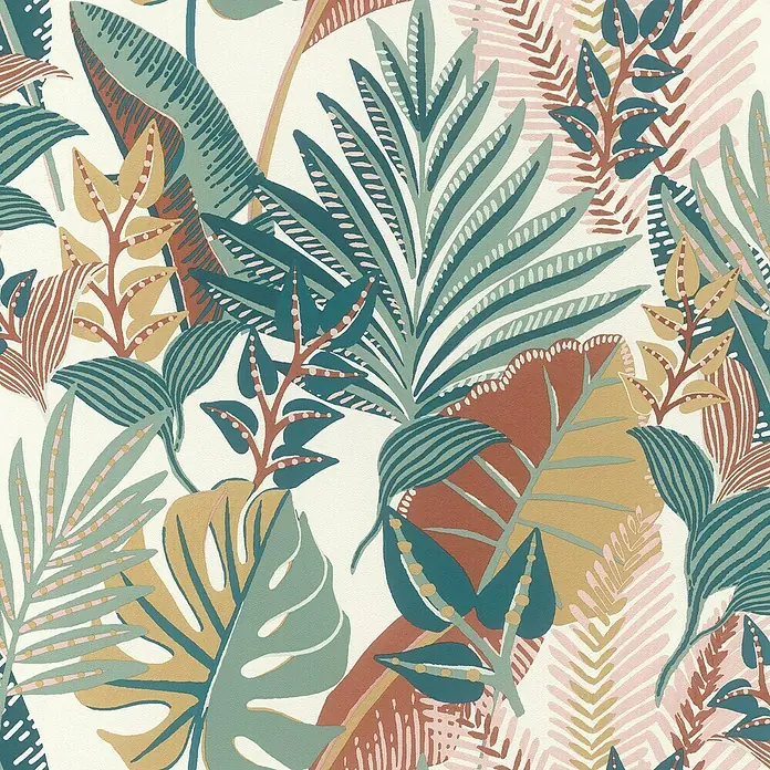 Rasch Selection Vliestapete Vinyl Botanical - Mehrfarbig/Grün, Floral, 10,05 x 0,53 m - Lebhaftes nahtloses Muster aus stilisierten tropischen Blättern in Petrol, Rostrot, Hellgelb und Rosa, mit verschiedenen Texturen und abstrakten Details.
