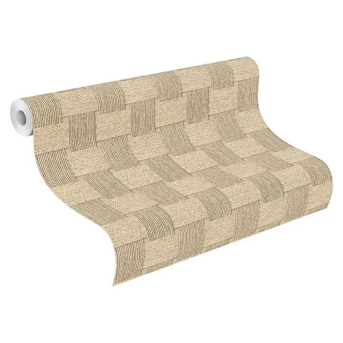 Rasch Selection Vliestapete Vinyl Botanical - Beige, Holzoptik, 10,05 x 0,53 m - Rolle beigefarbener Tapete mit geflochtener Naturfaserstruktur.