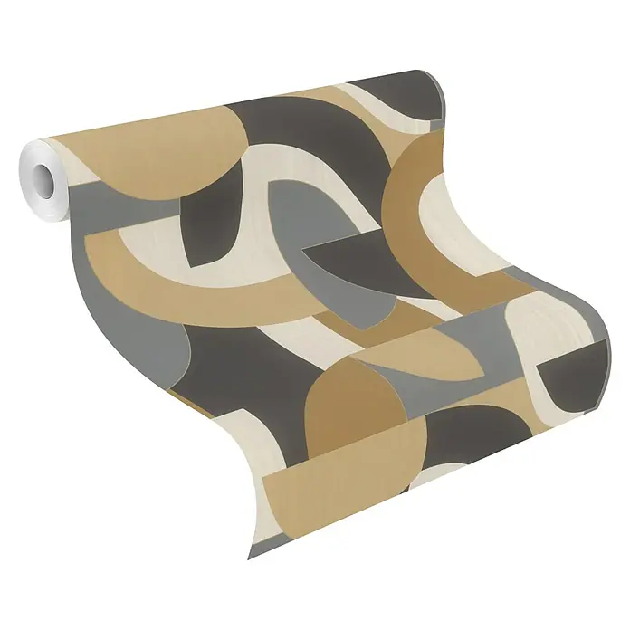 Rasch Selection Vliestapete Vinyl - Mehrfarbig/Schwarz, Grafisch, 10,05 x 0,53 m - Tapetenrolle mit abstraktem geometrischem Muster in Beige, Grau und Cremefarben.