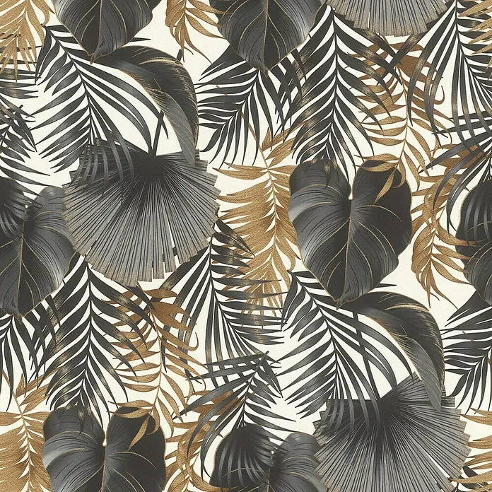 Rasch Selection Vliestapete Vinyl Blätter - Schwarz/Gold, Floral, 10,05 x 0,53 m - Tropisches Blattmuster in Dunkelgrau und Metallic-Gold für Tapete oder Stoff.