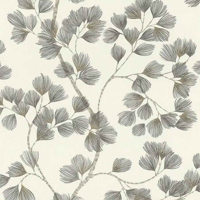 Rasch Selection Vliestapete Vinyl Botanical - Schwarzbraun, Floral, 10,05 x 0,53 m - Nahtloses Muster stilisierter grauer Zweige und fächerförmiger Blätter mit goldenen Akzenten auf strukturiertem Cremefarbenen Hintergrund.