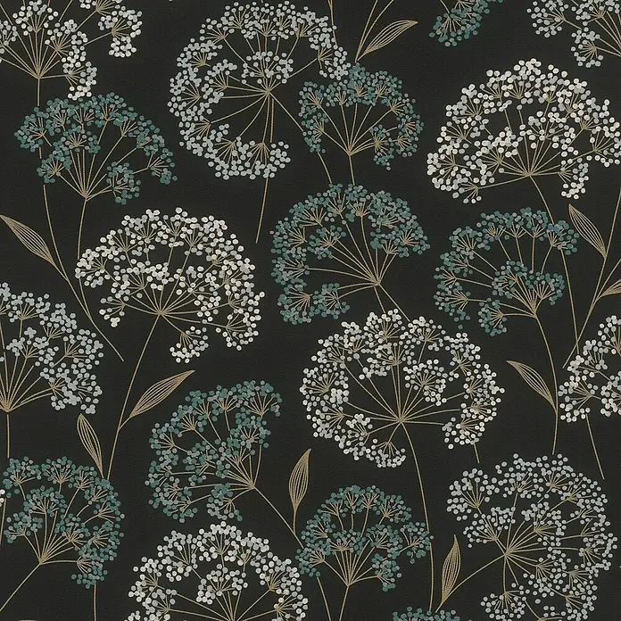 Rasch Selection Vliestapete Vinyl Blümchen - Mattschwarz, Floral, 10,05 x 0,53 m - Dunkle Tapete mit stilisierten goldenen Stängeln und Blättern, darauf weiße und petrolfarbene Doldenblüten.