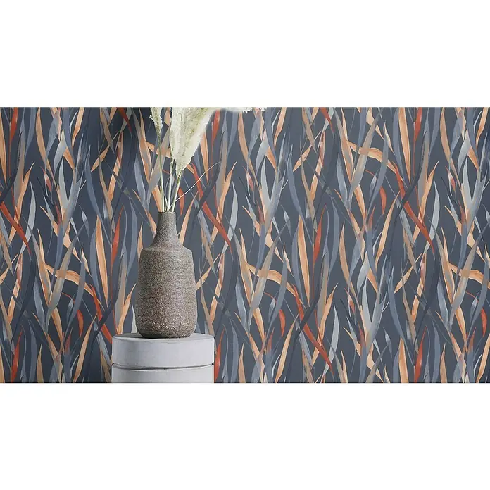 Rasch Paraiso Vliestapete Gräser - Petrolblau, Floral, 10,05 x 0,53 m - Dekorative Tapete mit abstrakten Pflanzenmotiven in Grau- und Orangetönen, die eine moderne und stilvolle Atmosphäre schafft.