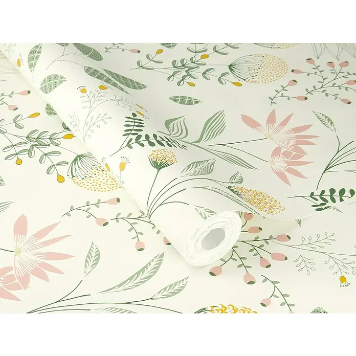 Rasch Selection Vliestapete Vinyl - Pastell/Moosgrün, Floral, 10,05 x 0,53 m - Nahaufnahme einer Rolle Tapete mit einem verspielten Blumenmuster in Pastellfarben, ideal für eine frische Raumgestaltung.