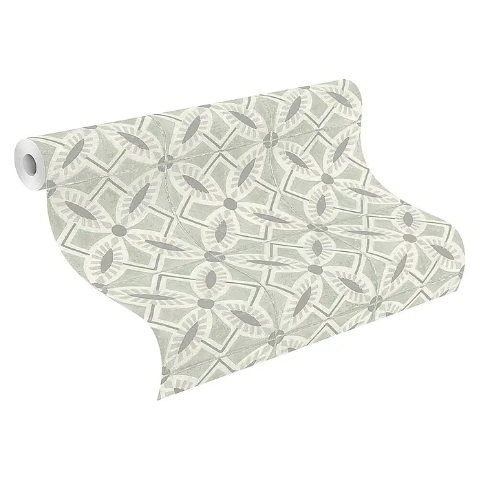 Rasch Beachhouse Vliestapete Fliesenkacheln - Graugrün, Fliesenoptik, 10,05 x 0,53 m - Rolle hellgrüner und weißer gemusterter Tapete mit geometrischen und runden Blumenmotiven.