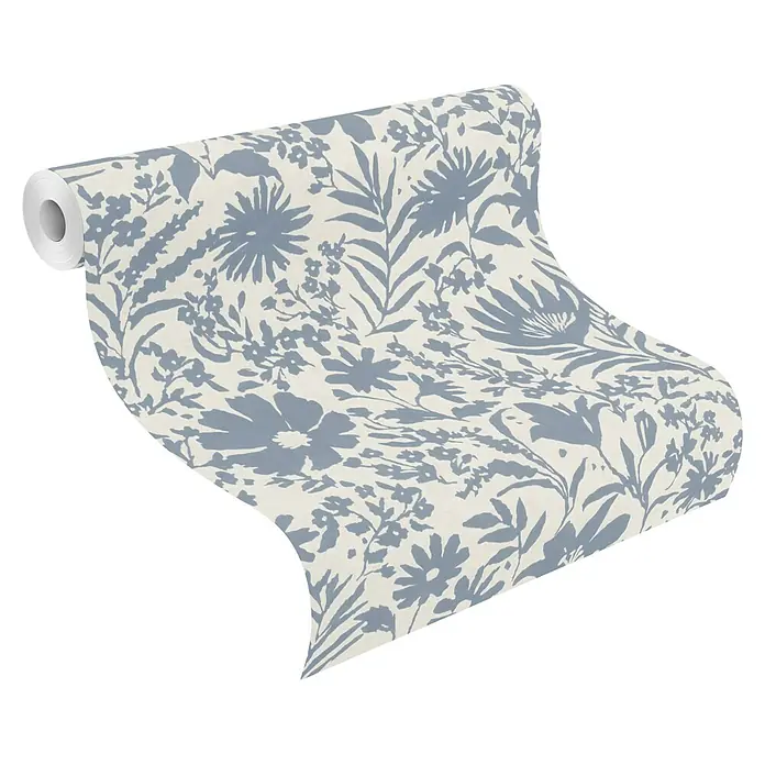 Rasch Paraiso Vliestapete Blumen - Weiß/Blau, Floral, 10,05 x 0,53 m - Abgerollte Tapetenrolle mit hellblauem Blumenmuster auf cremefarbenem Hintergrund.