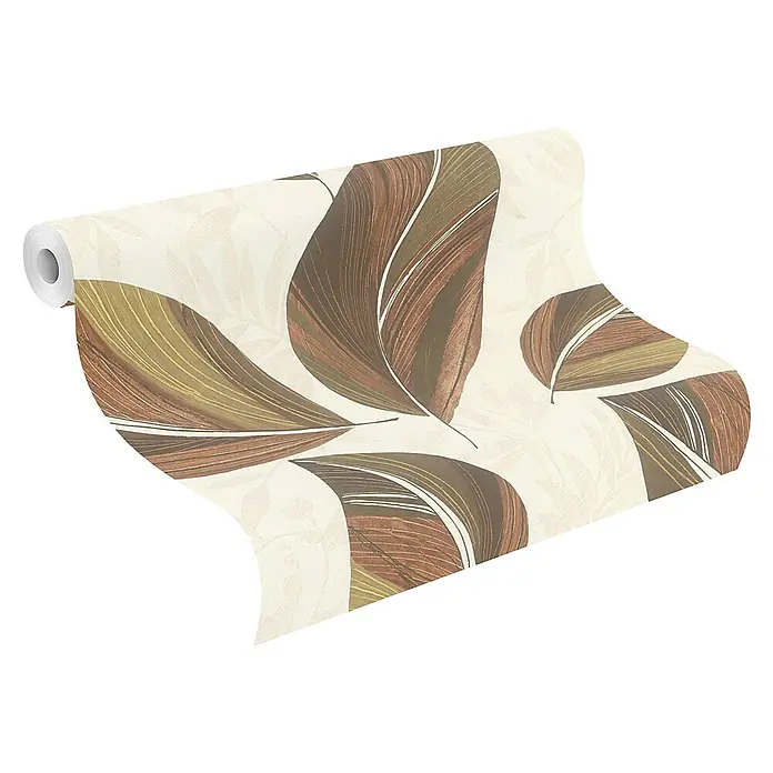 Rasch Selection Vliestapete Vinyl Botanical - Rotbraun/Beige, Floral, 10,05 x 0,53 m - Tapetenrolle mit einem Muster aus großen braunen und olivgrünen Blättern auf cremefarbenem Hintergrund.