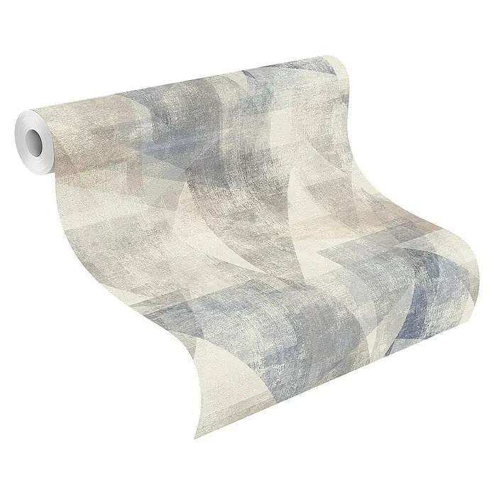 Rasch Vliestapete Das Beste (2025) - Beigeblau, Grafisch, 10,05 x 0,53 m - Tapetenrolle mit abstraktem blau-grauem Strukturalmuster.