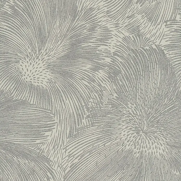Rasch Selection Vliestapete Vinyl Hintergrundblume - Grau, Floral, 10,05 x 0,53 m - Texturierte Tapete mit abstraktem grauem Feder-Muster auf Creme. Mit körniger, glitzernder Oberfläche.