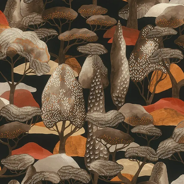 Rasch Selection Vliestapete Vinyl Modern Art III - Braun, Floral, 10,05 x 0,53 m - Abstraktes Waldmuster: stilisierte Bäume & Hügel in warmen Braun-, Orange-, Cremetönen mit Textur auf dunklem Grund.