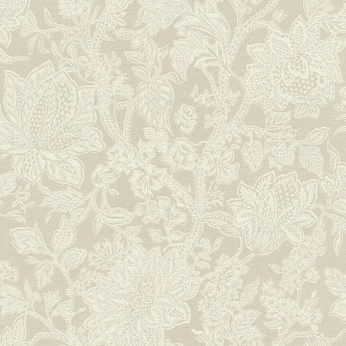 Rasch Selection Vliestapete Vinyl - Beigetaupe, Floral, 10,05 x 0,53 m - Beigefarbener, strukturierter Stoff mit einem cremefarbenen, aufwendigen Blumen- und Pflanzenmuster.