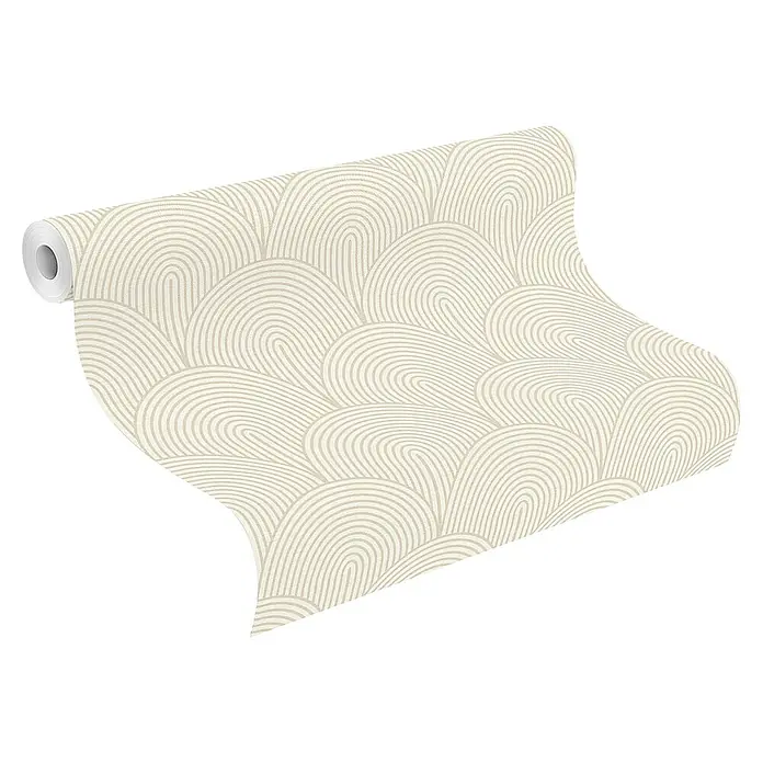 Rasch Selection Vliestapete Vinyl - Beige/Weiß, Grafisch, 10,05 x 0,53 m - Teilweise abgerollte, hellbeige Tapetenrolle mit texturierter Oberfläche und abstraktem Wellenmuster.