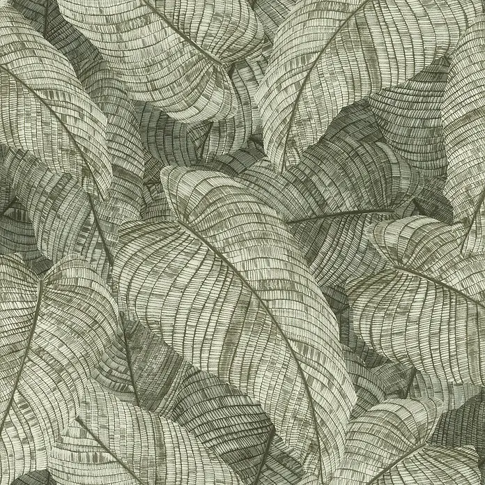Rasch Amara Vliestapete Blätter - Grüngrau, Floral, 10,05 x 0,53 m - Gedämpftes salbeigrünes botanisches Muster mit aufwendig strukturierten, überlappenden Blättern.