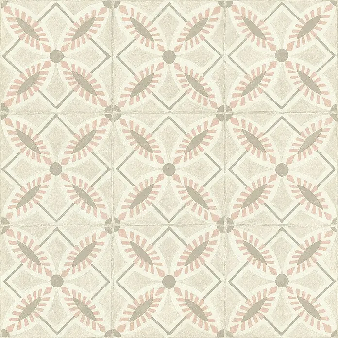 Rasch Beachhouse Vliestapete Fliesenkacheln - Blassrosa, Fliesenoptik, 10,05 x 0,53 m - Keramikfliesen mit geometrischem Blumenmuster in Beige, Rosa und Grau.