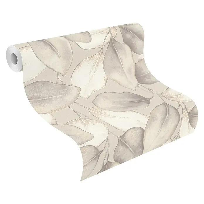 Rasch Incanto Vliestapete Moderne Blätter - Beige/Grau, Floral, 10,05 x 0,53 m - Eine Tapetenrolle mit großem, strukturiertem Blattmuster in neutralen Beige- und Cremetönen, mit subtilen metallischen Akzenten.