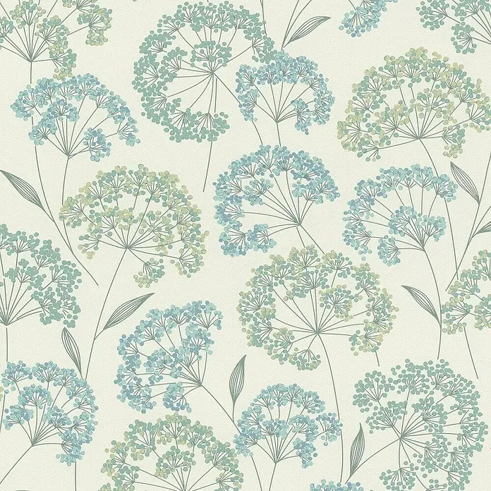 Rasch Selection Vliestapete Vinyl Blümchen - Pastelltürkis, Floral, 10,05 x 0,53 m - Nahtloses Blumenmuster mit abstrakten hellblauen und grünen Punkt-Blüten, dünnen Stielen und konturierten Blättern.