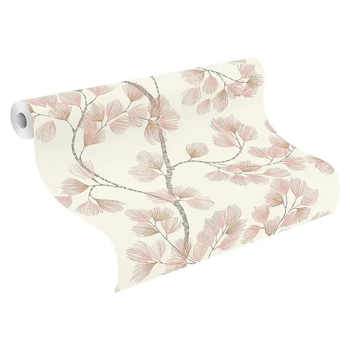 Rasch Selection Vliestapete Vinyl Botanical - Hellpink, Floral, 10,05 x 0,53 m - Tapetenrolle mit cremefarbenem Hintergrund und elegantem rosa-grauem Ast- und Blütenmuster.