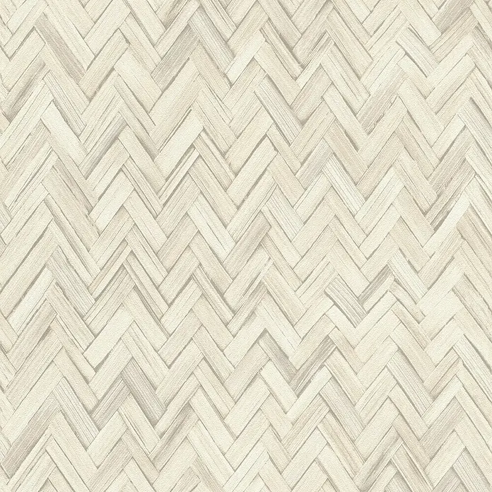 Rasch Beachhouse Vliestapete Vintage Fischgrätmuster - Creme, Holzoptik, 10,05 x 0,53 m - Helle beige Fischgrät-Webstruktur, ähnlich natürlichem Bambus oder Rattan.