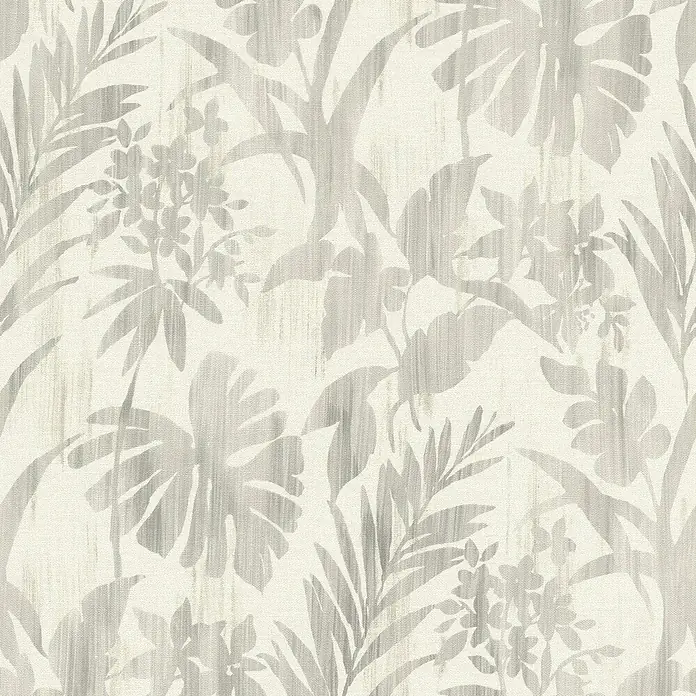 Rasch Beachhouse Vliestapete Pastelles Pflanzenmotiv - Hellgrau, Floral, 10,05 x 0,53 m - Nahtloses hellgraues Tropenblatt- und Blumenmuster auf strukturiertem Hintergrund.