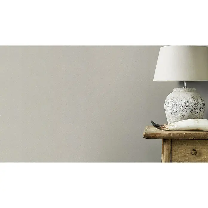 Rasch Beachhouse Vliestapete Modern - Braun, Uni, 10,05 x 0,53 m - Nahaufnahme einer Lampe mit einem weißen Lampenschirm auf einem rustikalen Nachttisch mit einem dekorativen Horn.