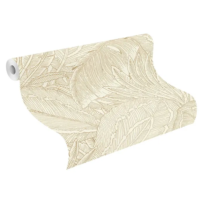 Rasch Selection Vliestapete Vinyl Modern Art II - Hellgold, Floral, 10,05 x 0,53 m - Helle beige Tapetenrolle mit goldenem Blattmuster, teilweise abgerollt.