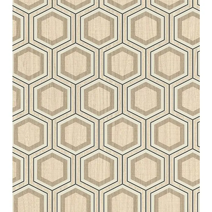 Rasch Selection Vliestapete Vinyl - Beige, Grafisch, 10,05 x 0,53 m - Ein nahtloses Muster mit beigefarbenen Holzsechsecken, die durch graue und cremefarbene Linien verbunden sind, die ein stilvolles und modernes Design erzeugen.
