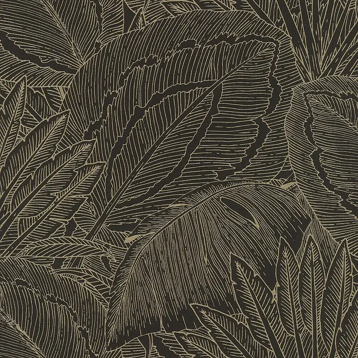 Rasch Selection Vliestapete Allegretto - Schwarzgold, Floral, 10,05 x 0,53 m - Botanisches Muster mit hellbeigen Blättern als Umriss auf dunkelbraunem, strukturiertem Hintergrund.