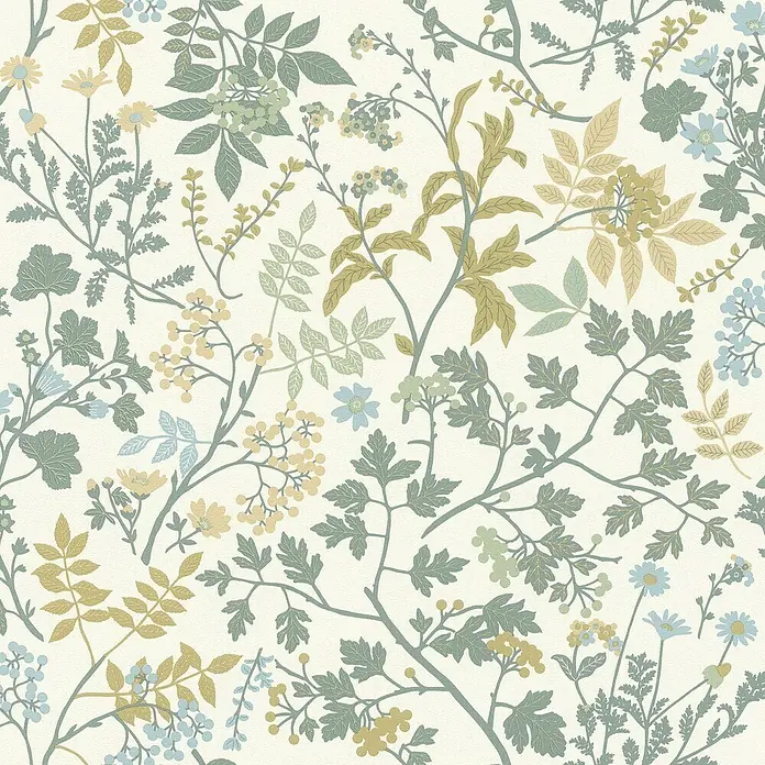 Rasch Selection Vliestapete Vinyl Botanical - Pastell-Moosgrün, Floral, 10,05 x 0,53 m - Botanisches Muster mit Blättern, Blüten und Beeren in gedeckten Grün-, Blau- und Gelbtönen.