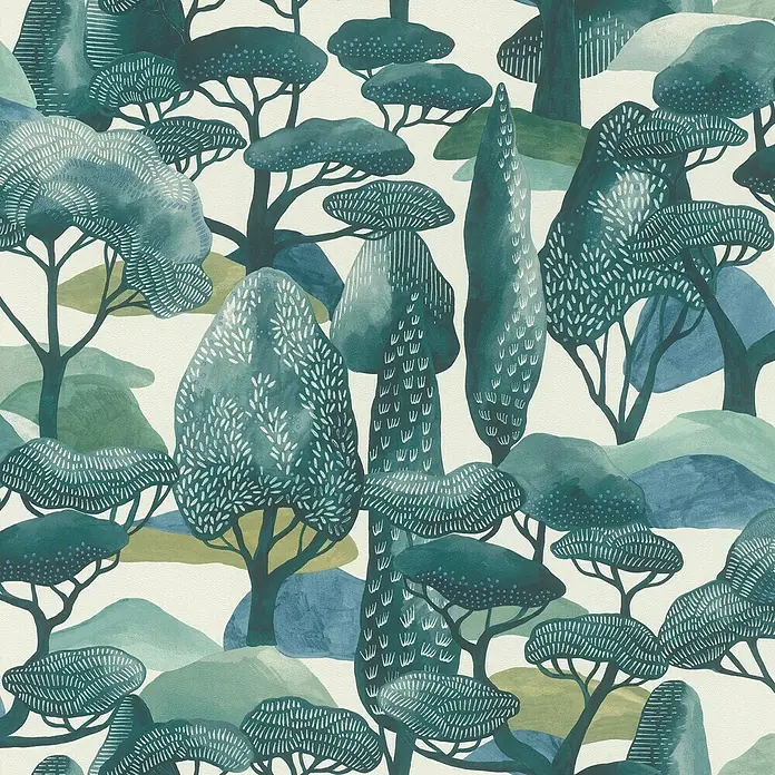 Rasch Selection Vliestapete Vinyl Modern Art III - Türkisgrün, Floral, 10,05 x 0,53 m - Nahtloses Muster stilisierter Bäume und Hügel in Türkis-, Grün- und Blautönen mit weißen Liniendetails.