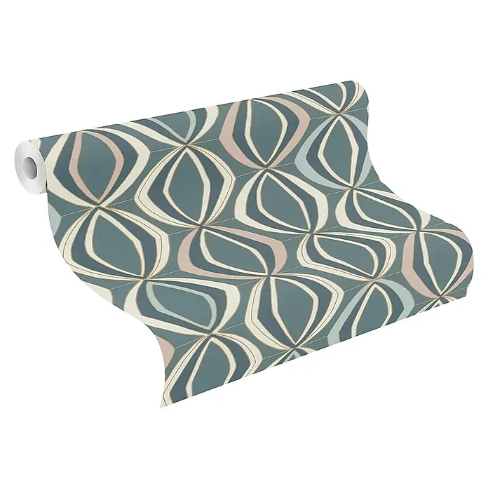 Rasch Selection Vliestapete Vinyl - Blaugrün, Grafisch, 10,05 x 0,53 m - Rolle gemusterter Tapete mit teal, blauem, rosa und weißem geometrischem Design.