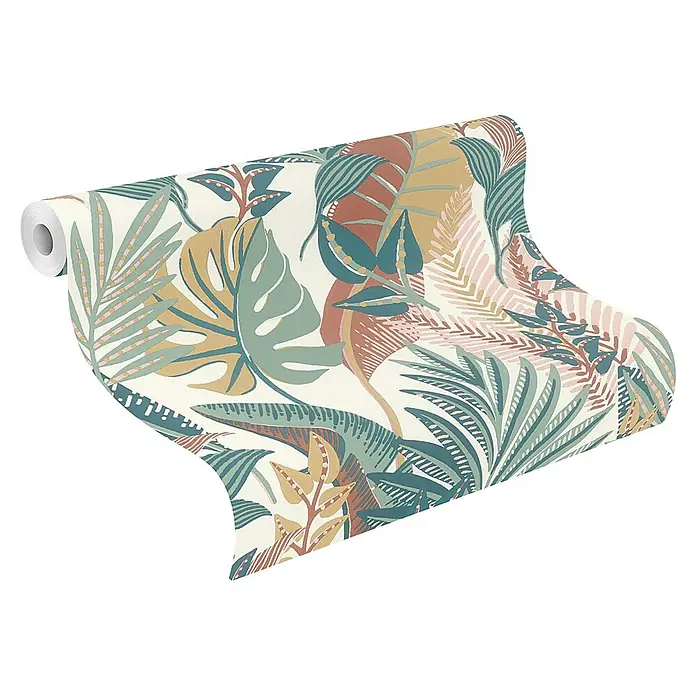 Rasch Selection Vliestapete Vinyl Botanical - Mehrfarbig/Grün, Floral, 10,05 x 0,53 m - Cremefarbene Tapetenrolle mit tropischem Blättermuster in Grün, Rosa, Terrakotta und Gold.