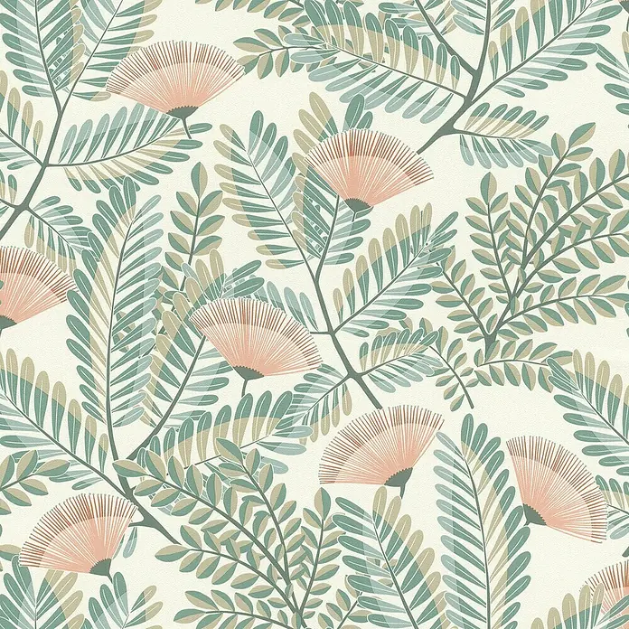 Rasch Selection Vliestapete Vinyl Botanical - Pastelltürkis, Floral, 10,05 x 0,53 m - Nahtloses botanisches Muster mit petrolfarbenen, beigefarbenen Blättern und pfirsichfarbenen Fächerblüten.