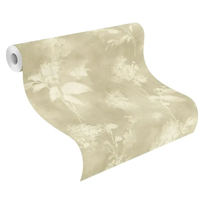 Rasch Florentine IV Vliestapete Dezente Blümchen - Grün, Floral, 10,05 x 0,53 m - Beige Tapetenrolle mit dezentem weißem Blumenmuster, teilweise abgerollt.